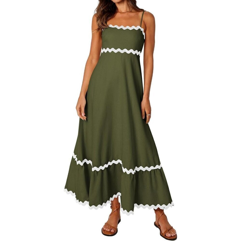 Women Spaghetti Straps Sleeveless Square Neck Smocked Rickrack Trim Maxi Dress